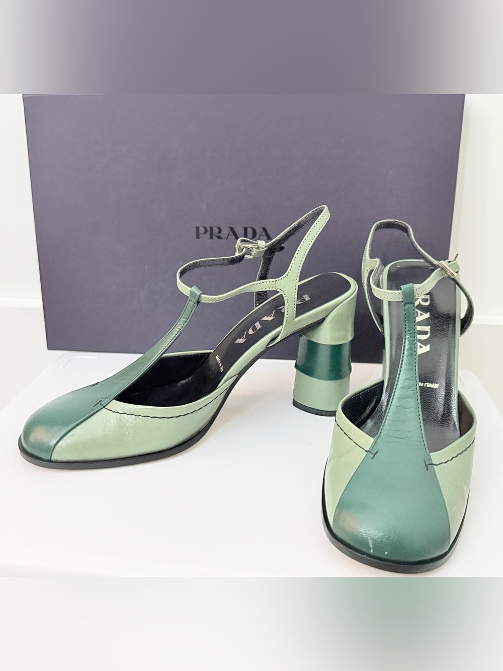 Prada Two-Tone Green Slingback Heels